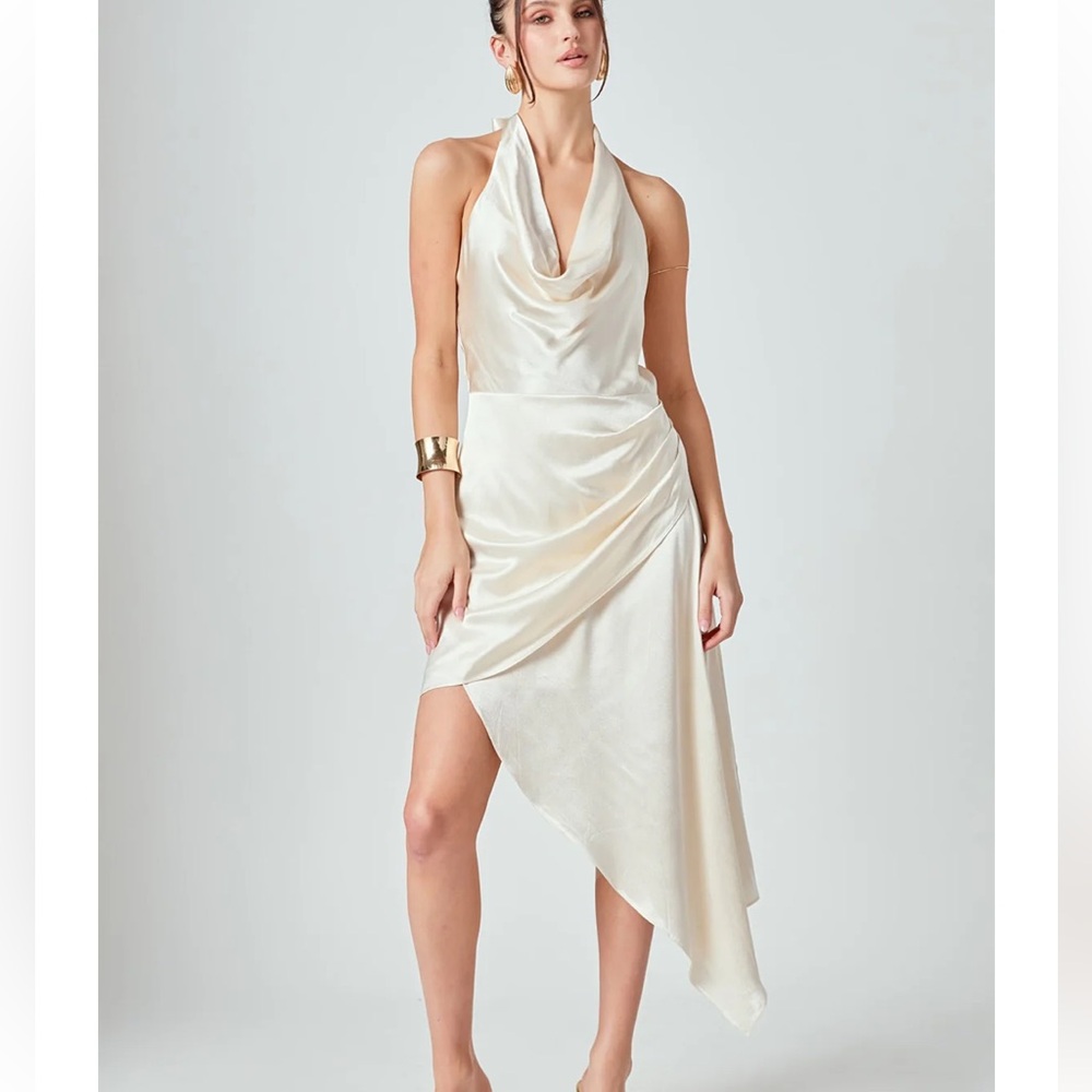 Anthropologie Endless Rose Asymmetrical Satin Halter Dress in Champagne